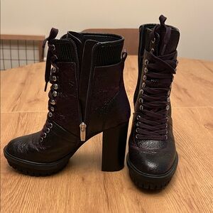 Vince Camuto Lace-Up Lug Heel Ankle Boots in Deep Plum